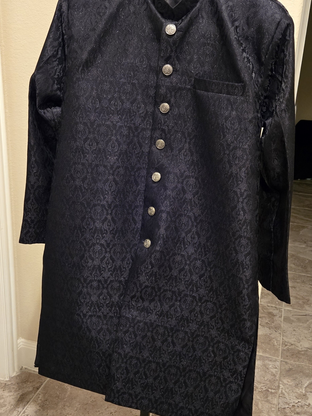 Men's Black Brocade Sherwani with Decorative Buttons